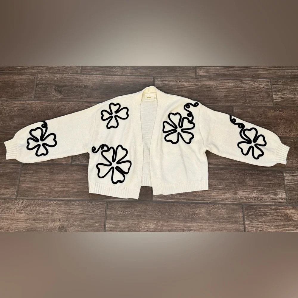 Anthropologie White Cardigan with Black Floral Accents - Picture 3 of 7